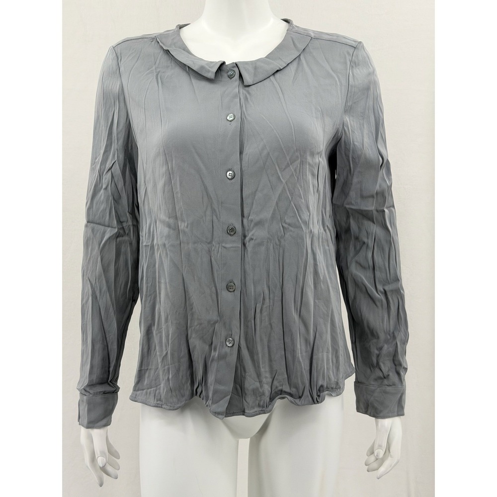 Armani Collezioni Top Womens 10 Gray Silk Stretch Button Up Quiet Luxury Office - Picture 2 of 14